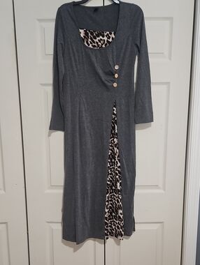 Emory Rose Gray Long Sleeve Dress with Leopard Accent